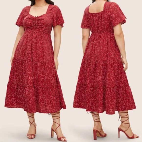 Red Polka Dot Ruched Sweetheart Bodice Ruffle Tiered Midi Dress 12/L  NWT - Picture 3 of 9